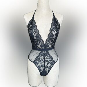 NWT Plunging Black Lace Halter Teddy
